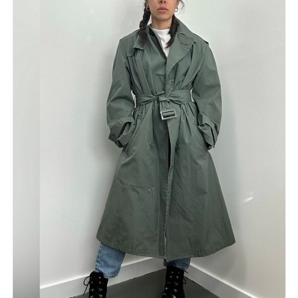 Vintage Army Green Long Line Military Style Rain Trench Coat w/ Belt: Unisex